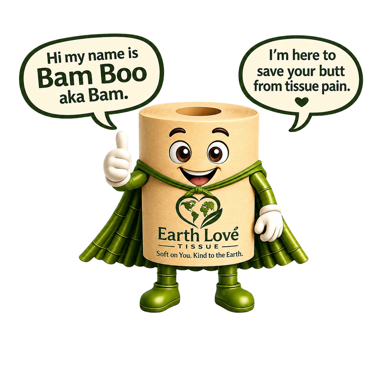 Bam Boo mascot — Earth Love Tissue's friendly bamboo tissue roll character